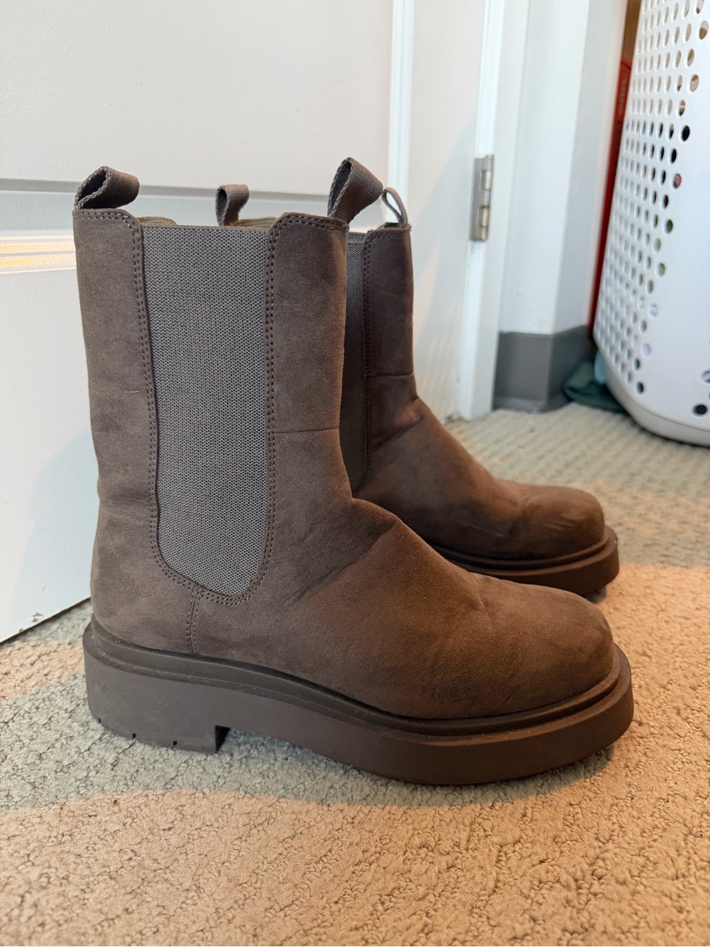 H&M Olive Suede Chelsea Platform Boots